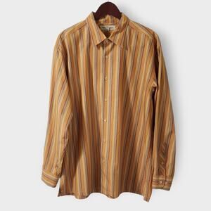 Tommy Bahama Mens Cotton Striped Button Up Shirt XL Orange Yellow Long Sleeve